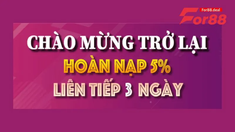 Chào mừng thành viên cũ quay lại với mức thưởng 5% tiền nạp trong 3 ngày